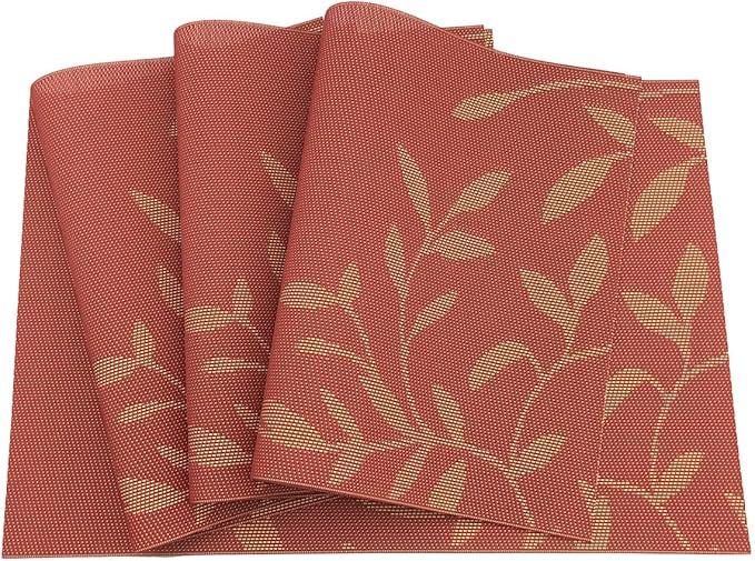 Gugrida Place Mats PVC Set of 6, Table Placemats Set of 6 PVC Woven Vinyl Place Mats Table Mats Natural Color (6 pcs, Oriange Leaves)