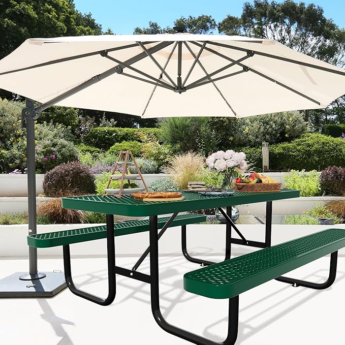 72'' Rectangular Steel Picnic Table for Outdoors,Commercial Metal Picnic Table Bench Set with Umbrella Hole,School Canteen Table W/Seats - Heavy Duty Sturdy Picnic Tables Furniture for Patio Garden