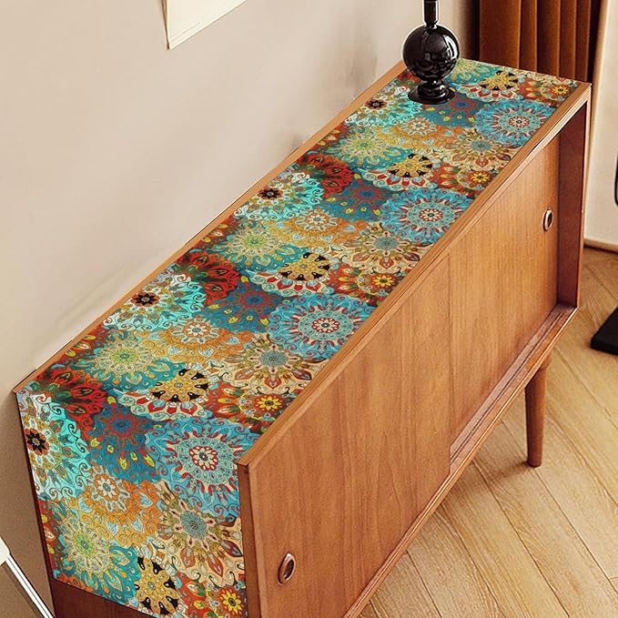 Bohemian Mandala Table Runner, Vintage Colorful Boho Geometric Floral Flower Antique Paisley Rustic Coffee Table Center Decor for Family Kitchen and Living Room Outdoor Table Decorations, 13"x90"