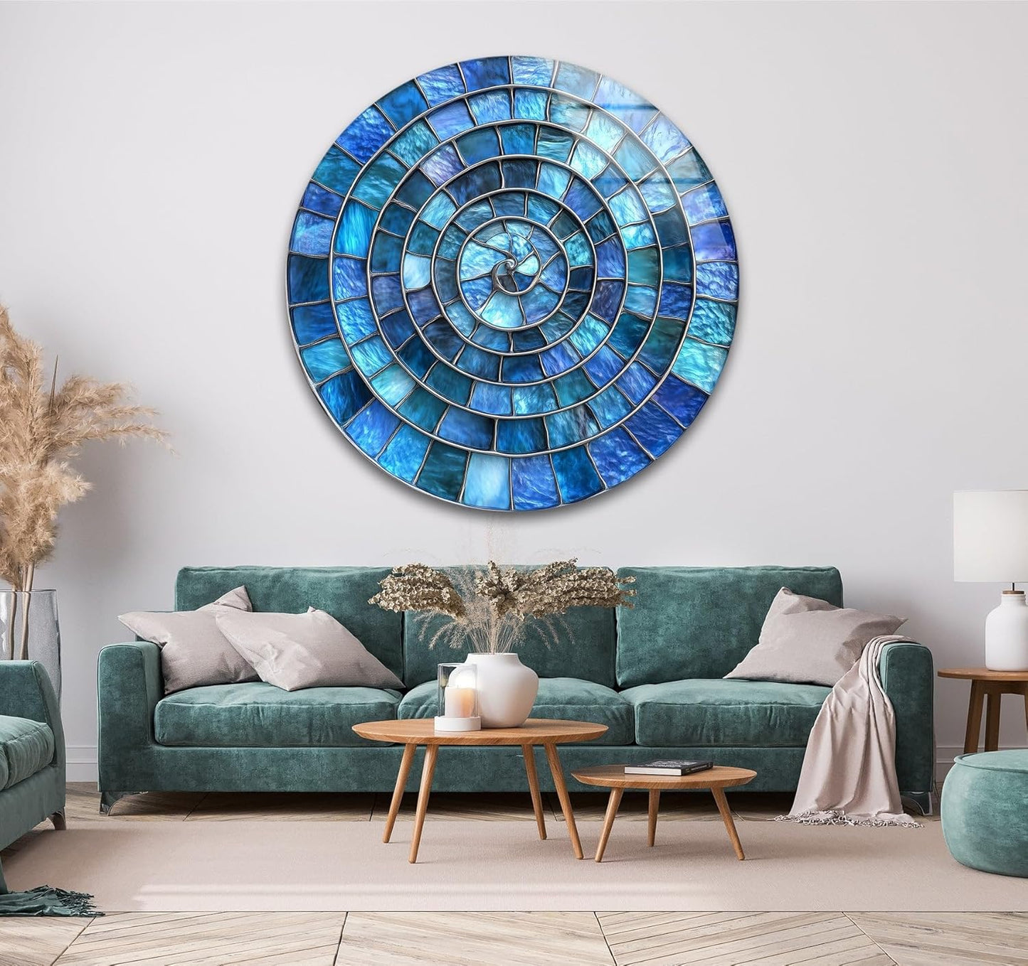 My Photostation.com 20''(50cm) Diameter Blue Aqua Spiral Harmony Round Glass Wall Art Tempered Glass Printing Wall Decor Large Wall Art Wall Hangings