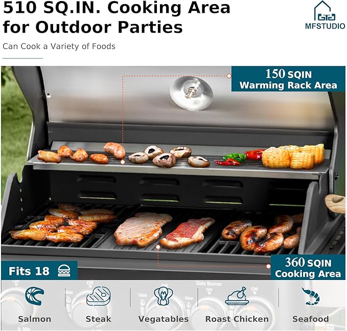 MFSTUDIO 4 Burners Propane Gas Grill and Griddle Combo with Side Burner, 2 in 1 Griddle Grill and Porcelain-Enameled Cast Iron Grates, 46,700 BTU Outdoor Cooking Barbecue Grill, Black