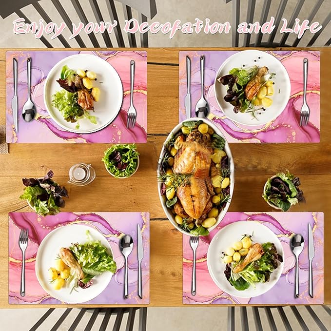Marble Pink Placemats Set of 4 - Faux Leather Heat Resistant Placemats for Dinner Table, Non-Slip Waterproof Oil-Proof Washable Reusable Placemat for Indoor Outdoor Kitchen Decor, 15.75In*11.81In