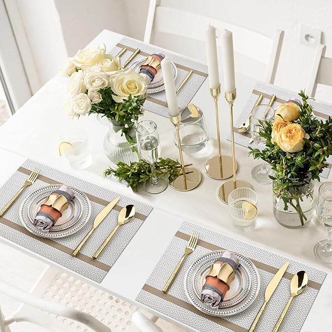 SLKQG Beige White Placemats Set of 4 - Easy Clean Modern Washable Plastic Place Mats - Heat Resistant Placemats for Kitchen Table - PVC Table Mats for Dining Table(Beige White with Stripes, 4)