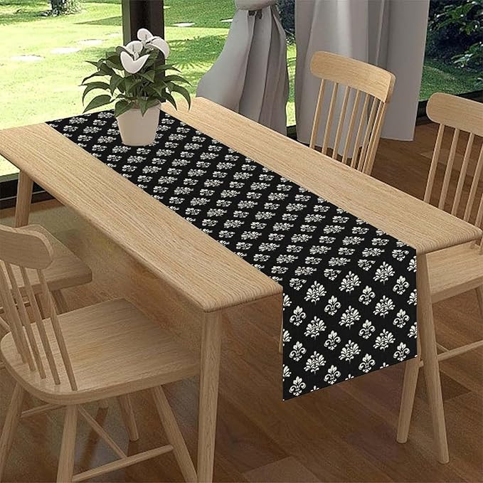 Damask Table Runner, Antique Gothic Black Floral Boho Flower Pattern Rustic Vintage Retro Coffee Table Center Decor for Kitchen and Dining Outdoor Home Country Party Table Decorations, 13"x72"
