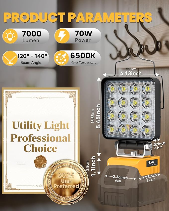 Ecarke 20V Cordless LED Work Light Compatible with DeWALT Batteries: 70W 7000LM Flashlight with Low Voltage Protection, 20V Tools Flood Light for Job Site, Construction & Camping, Battery Not Included