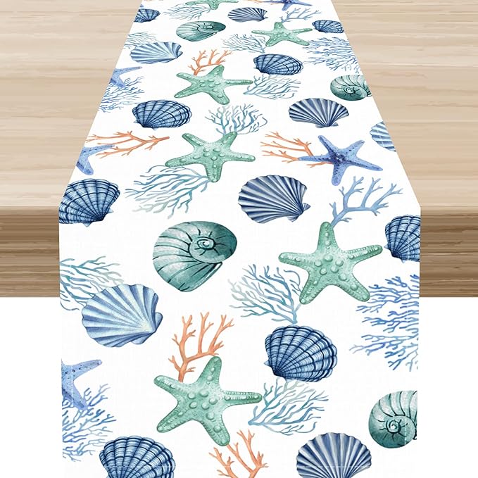 Nautical Table Runner, Summer Sea Coastal Starfish Seashells Coral Tropical Ocean Beach Blue Farmhouse Coffee Table Center Decor for Home Kitchen Dining Patio Indoor Outdoor Table Decorations, 13"x36"