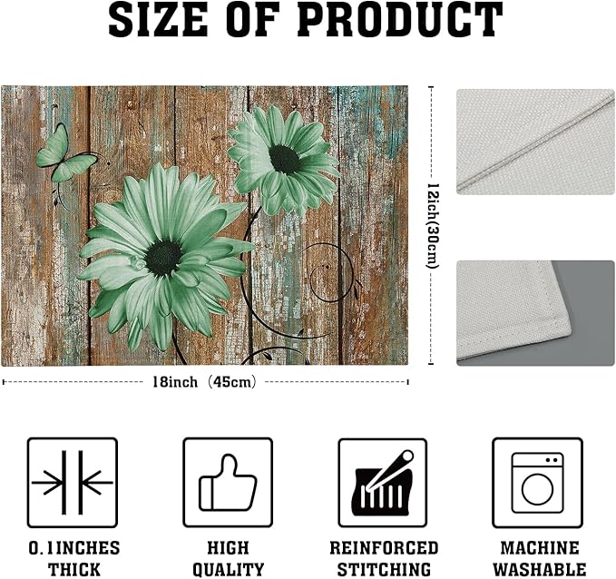 Giwawa Rustic Daisy Placemats Set of 4- Green Sunflowers on Vintage Wood Board Linen Place Mat- Farmhouse Wooden Non Slip Heat Resistant Table Mats for Dining Kitchen Cabin Lodge Decor