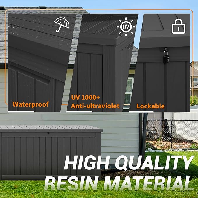 NUNU LAB 230 Gallon Outdoor Storage Box, Large Resin Deck Box with Lockable Lid, Waterproof & UV-Resistant Patio Storage Bin for Garden Tools, Pool Accessories & Furniture, Black