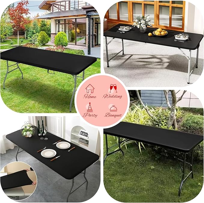 10 Pack Stretch Fabric Table Top Cap Cover, fits 8Ft Tables, Spandex Table Covers Washable Elastic Universal Rectangle Tablecloth Protector for Indoor Outdoor Party Picnic Wedding, Black,30" W x 96" L