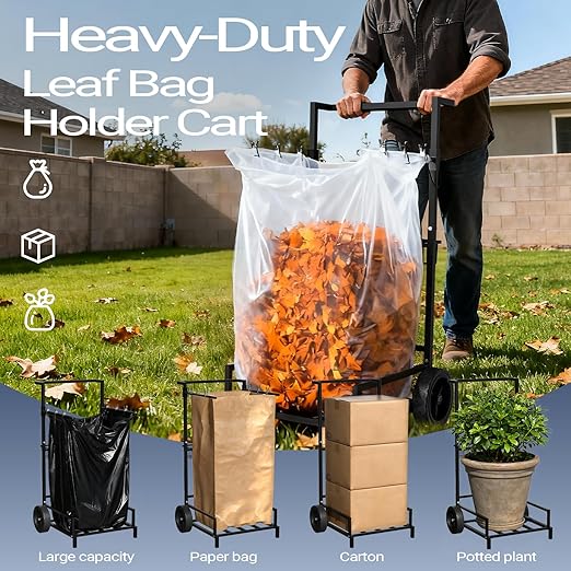 2-in-1 Leaf Bag Holder Cart & Hand Truck Dolly, Heavy Duty Garden Trash Bag Stand with 7" All-Terrain Wheels, 200lbs Capacity, Anti-Loss Clips & Utility Basket for Yard Work, Moving, Camping