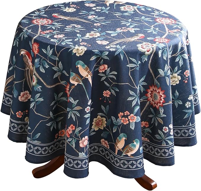 patdrea Designer Vintage Dark Blue Linen Round Tablecloth,Navy French Floral and Birds Pattern Table Cloth,Decoration Table Cover for Kitchen,Dining,Tea Party,Home,Christmas,Diameter 55"