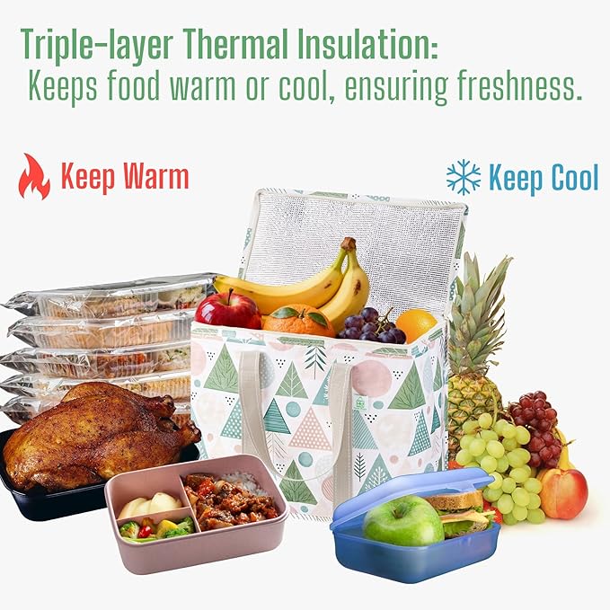 VENO 2 Pack Cooler Bag, Insulated Grocery Bags for Food Delivery, Collapsible Cooler, Reusable Shopping Bags for Groceries, Hard Bottom, Zippered, Foldable, Christmas Pattern (Pastel Forest, 2 Pack)