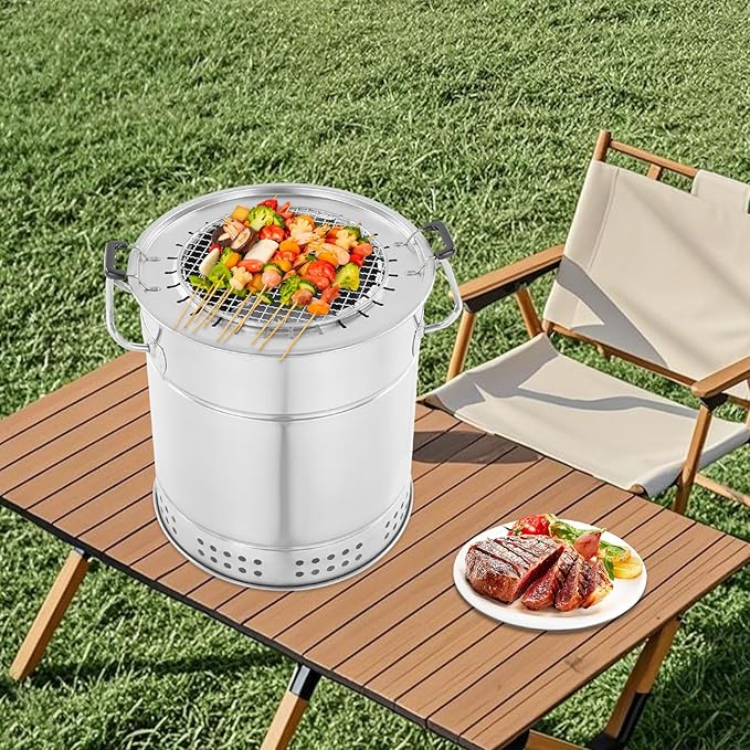 Barbecue Charcoal Barrel Grill, 28 Skewers Portable Stainless Charcoal BBQ Grill Barrel 360° Smokeless Outdoor Barbecues, Surround Charcoals Kebab Grills for Camping, Picnics, Party