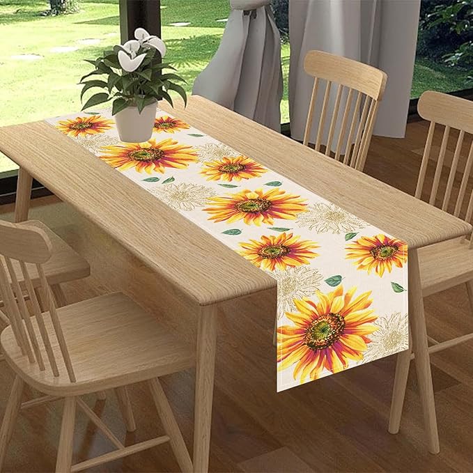 Summer Table Runner, Watercolor Yellow Floral Vase Spring Sunshine Farmhouse Rustic Coffee Table Center Decor for Home Kitchen Dining Patio Indoor Outdoor Table Decorations, 13"x36" Inch