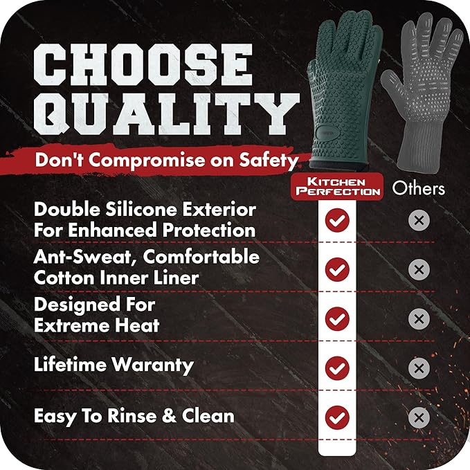 Kitchen perfection Silicone Smoker Oven Gloves -Extreme Heat Resistant BBQ Gloves -Handle Hot Food Right on Your Grill Fryer Pit|Waterproof Oven Mitts |Superior Value Set+3 Bonuses