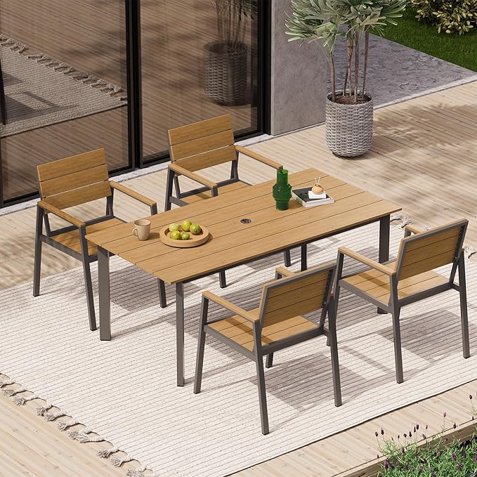 Outdoor Patio Dining Chairs Set of 2, 350LBS Capacity Aluminum Patio Dining Chairs with Armrests, Weather-Resistant for Lawn, Garden, Yard, Poolside and Indoor Use (Gray & Teak)