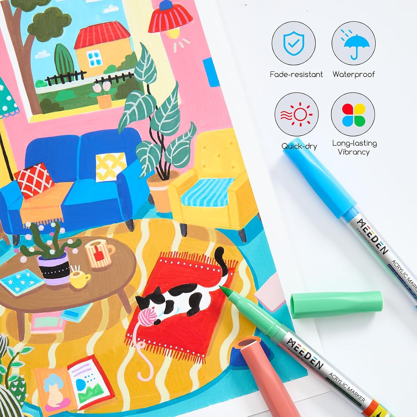 MEEDEN Acrylic Paint Markers: 48 Colors Brush Tip Acrylic Markers with Automatic Ink Control System - Visible Large Capacity Water-Based Acrylic Paint Pens for Beginners Artists Adults Halloween Paint