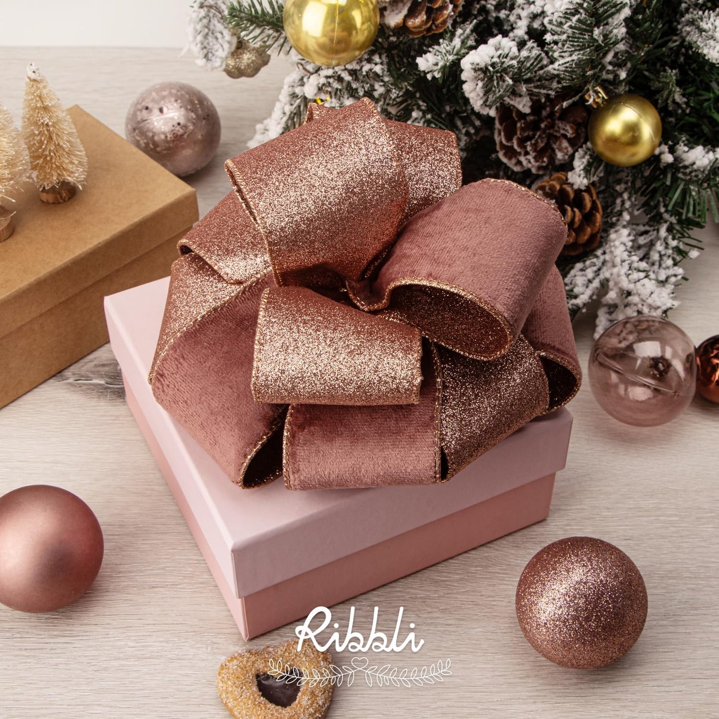 Ribbli Rose Gold Velvet Wired Ribbon 2.5 Inch Dusty Rose Velvet with Rose Gold Glitter Christmas Ribbon for Christmas Tree Decoration Big Bow Gift Wrapping Crafts Wreaths Supplies- 10 Yards