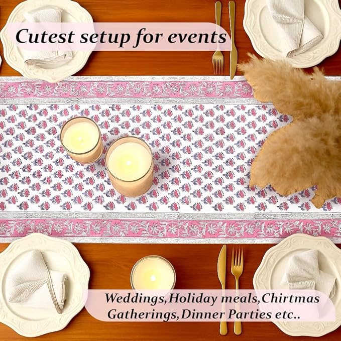 CPC Cotton Table Runner 16x90 Inch Block Printed Long Fall Table Runner for Dining Table, Card Table, Coffee Table, Wedding, Farmhouse & Outdoor Barbeque-Pink Sapphire