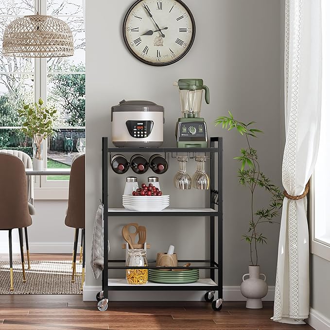 TUTOTAK Bar Cart - Serving Cart for Home - Microwave Cart, Drink Cart, Mobile Kitchen Shelf with Wine Rack and Glass Holder, Rolling Beverage Cart BC01BM030