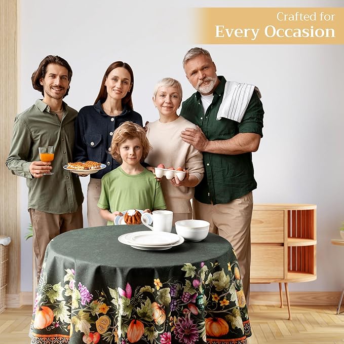 Maison d' Hermine Table Cloth Round Table 100% Cotton 63 Inches Fall Tablecloth Reusable Everyday Use for Thanksgiving Christmas Decorations Dining Farmhouse Party (Pumpkin Garden - Dark Green)