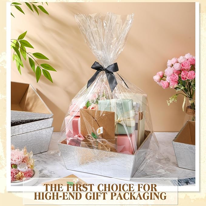 Wonderjune 20 Pcs Valentines Day Gift Baskets Empty To Fill Baskets For Gifts Empty With Gift Bag Bow Valentines Gifts Storage Basket Bulk for Wedding Party Wrapping(Silver)