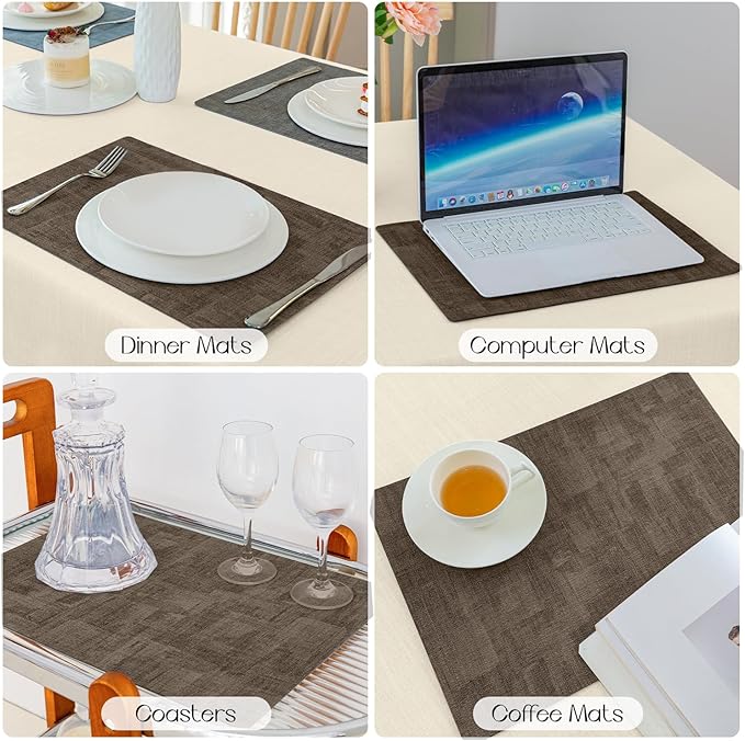 Romanstile Reversible Vinyl Placemats Set of 4, Faux Leather 100% Waterproof Oil-Proof Wipeable Place Mats, Heat Resistant Dual Sided Table Mats for Kitchen/Dining/Party (Grey Brown, 12 x 17 Inch)