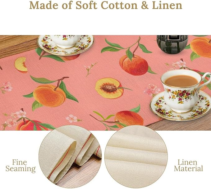Pink Cute Peach Table Runner, Colorful Summer Fruit Floral Table Runner for Kitchen Dining Party Holiday Home 13x70in