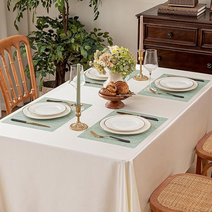 Romanstile Vinyl Placemats Set of 8-12 X 18 Inch - Heat Resistant Non-Slip Embossed Floral Place Mats 100% Waterproof Oilproof Wipeable Faux Leather Table Mats for Kitchen/Dining/Party, GrassGreen