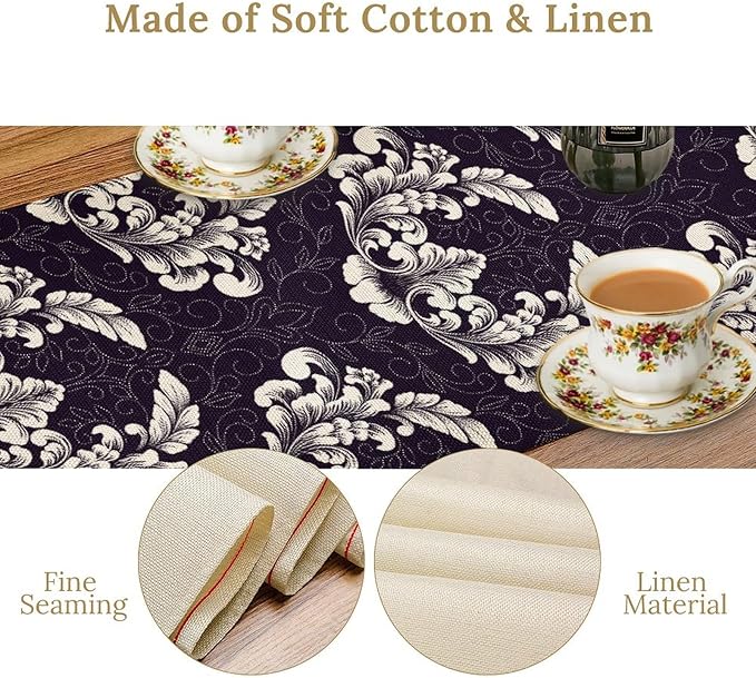 Gothic Table Runner, Antique Retro Damask Floral Bohemian Boho Purple Rustic Vintage Coffee Table Center Decor for Kitchen and Dining Outdoor Home Country Party Table Decorations, 13"x108"