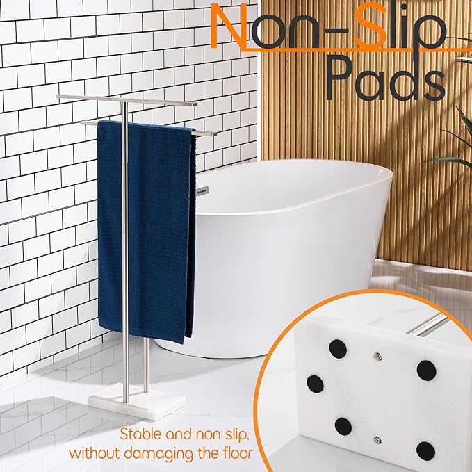 Free Standing Towel Rack for Bathroom 2-Tier Towel Holder Stand with Heavy Marble Base Thicken Steady Design Polished Chrome Stainless Steel AN7001CH