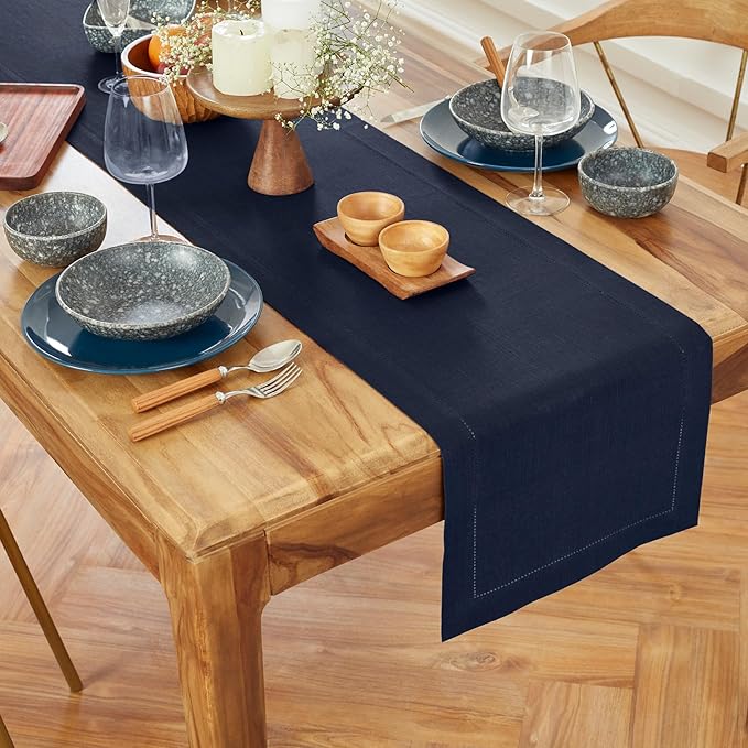 Solino Home Linen Table Runner 90 Inches Long - 100% Pure Linen Navy Blue Table Runner 14 x 90 Inch for Winter - Medium Weight Hemstitch