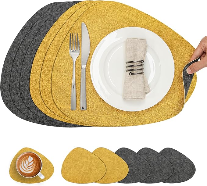Placemats and Coasters, Washable Reversible Placemats Round Faux Leather Wipeable Place Mats Non Slip Heat Resistant Indoor Outdoor Table Mats (Set of 6, Gray Yellow)
