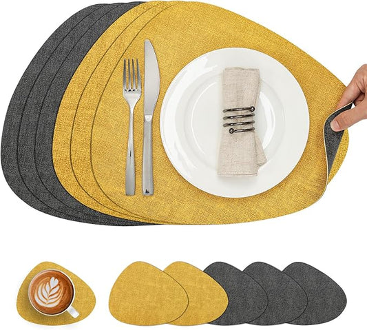 Placemats and Coasters, Washable Reversible Placemats Round Faux Leather Wipeable Place Mats Non Slip Heat Resistant Indoor Outdoor Table Mats (Set of 6, Gray Yellow)
