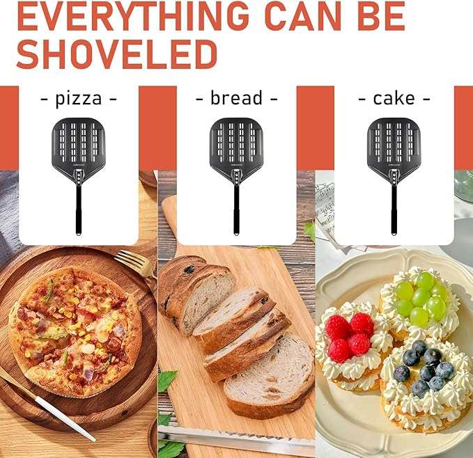 Perforated Pizza Peels 6 INCH pizza spatula paddle Long Handle Metal Pizza Spatula for Indoor and Outdoor (12 Inch Black)