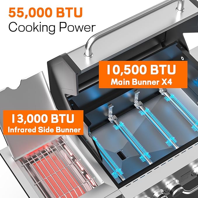 Veralune 4 Burner Gas Grill with Infrared Side Burner, Porcelain-Enameled Cast Iron Grates and Lockable Wheels, 55,000 BTU Output Stainless Steel Propane Grill for Backyard, Patio, Garden Cooking