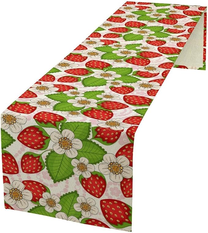 Spring Strawberry Table Runner, Floral Strawberries Flowers Leaf Season Inspirational Design Table Runner for Kitchen Dining Party Holiday Home 13x90in