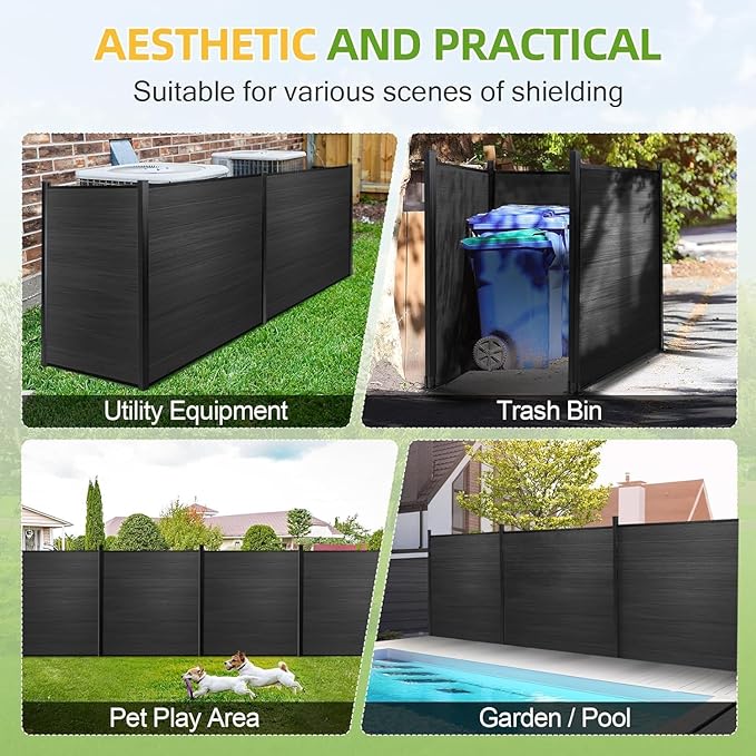 Mondaria Fence Privacy Screen with 8ft In-ground Posts, 6ft(H) x 24ft(W) Wood Plastic Composite Fence Panels Weather-Resistant Outdoor Fence for Backyard/Garden (Black, 5 Posts)