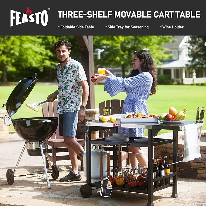 Outdoor Grill Cart, Pizza Oven Table Stand for Outdoor Indoor, 40" x 26" Stainless Steel Tabletop Dining BBQ Grill with Wheels for Food Prep, 3-Shelf Kitchen Cart Table