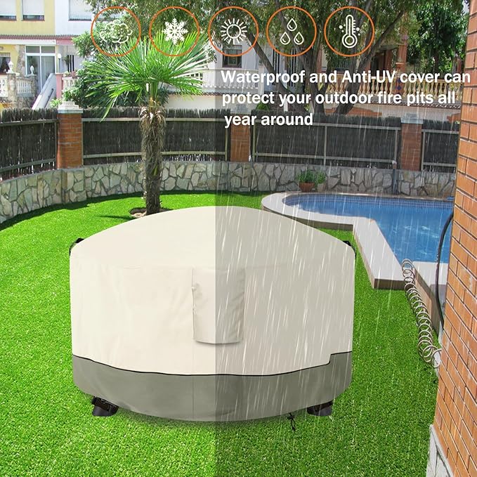 Fire Pit Cover,Outdoor Heavy Duty 600D 100% Waterproof Fire Pit Cover Round,Weatherproof Firepit Covers Round 54" Dia x 24" H,Beige