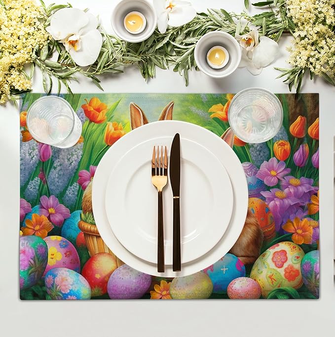 Easter Rabbits Eggs Placemats Set of 4 Easter Bunny Tulip Flowers Table Place Mats Seasonal Farmhouse Spring Holiday Table Mat for Party Kitchen Dining Outdoor Indoor Decor