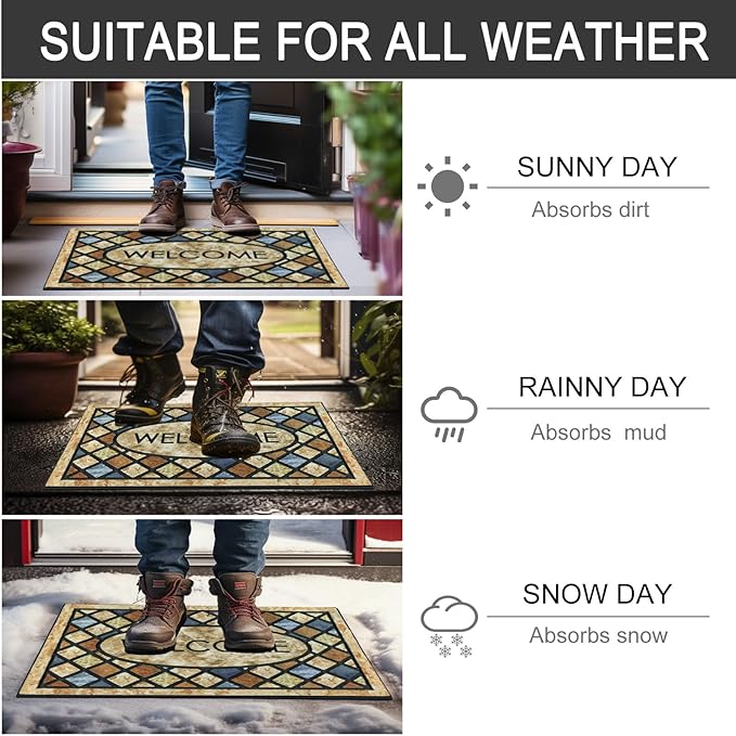 CHICHIC Blue Welcome Door Mat 17x 30 Inch Front Doormat Outdoors for Home Entrance Outdoors Mat for Outside Entry Way Doormat Entry Rugs, Heavy Duty Non Slip Rubber Back Low Profile