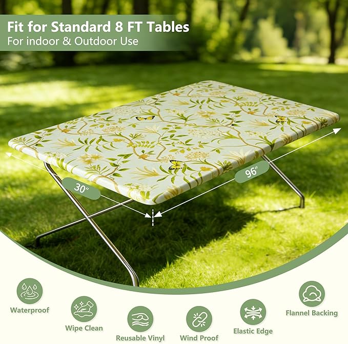 Rectangle Picnic Table Cloth, Elastic Waterproof Fitted Vinyl Tablecloths for 8 Foot Tables, Wipeable Flannel Backed Table Covers for Dining, Camping, Outdoor(Leaves,30"x96")