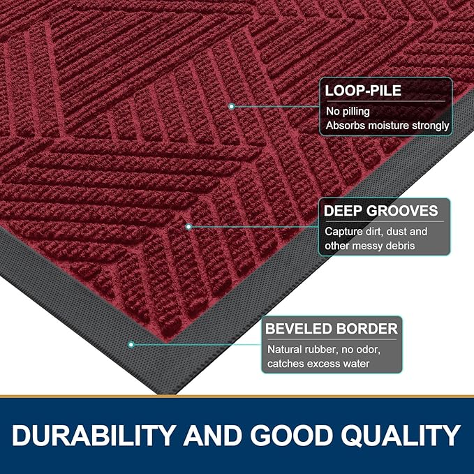 Smiry Half Circle Front Door Mat Outside Entrance, Heavy Duty Sturdy Natural Rubber Doormat, Trap Dirt and Moisture, Low Profile Mats for Indoor Outdoor Entry, Irregular Triangle (36x24, Wine Red)