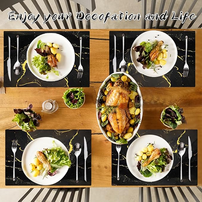 Marble Placemats Set of 4 - Faux Leather Heat Resistant Placemats for Dinner Table, Non-Slip Waterproof Oil-Proof Washable Reusable Placemat for Indoor Outdoor Kitchen Decor, 15.75In*11.81In
