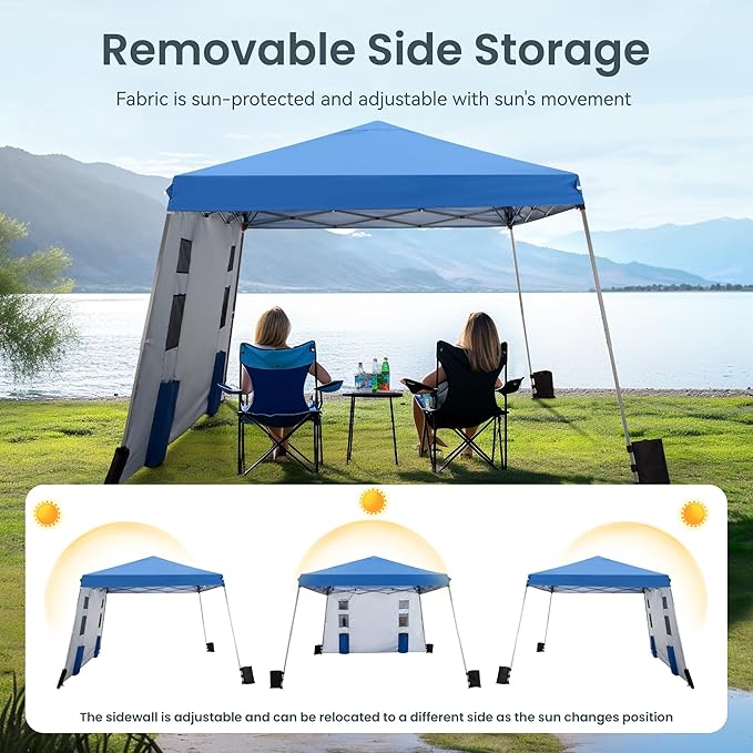 PHI VILLA Canopy with One Sidewalls,Angled Leg 12 x 12 UV Block Sun Shade Canopy Tent Gazebo for Patio Outdoor, Lightweight, Blue