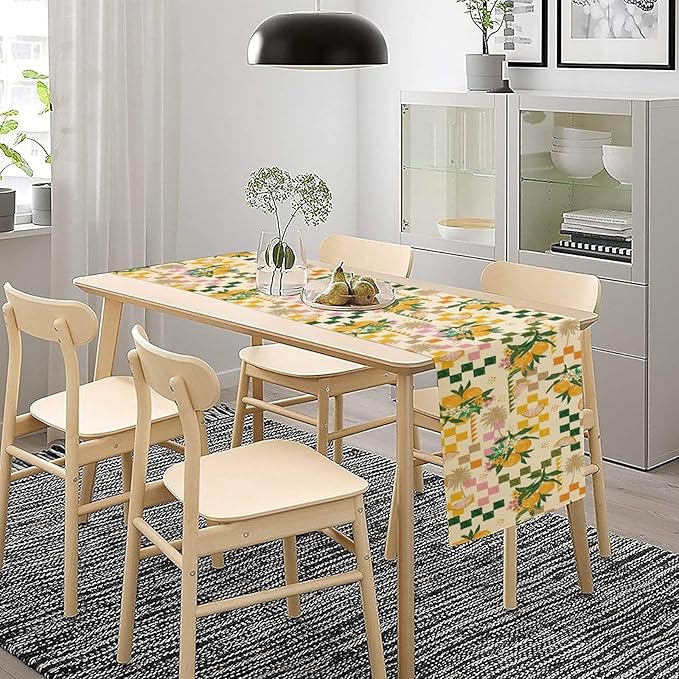 Tropical Summer Fruit Table Runner, Orange Square Grid Lemon Beach Ocean Table Runner for Kitchen Dining Party Holiday Home 13x36in