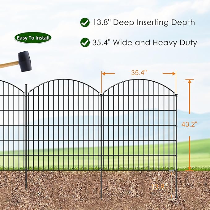 Decorative Metal Garden Fence Outdoor CTW3643, 43.2in H x 14.75 ft L, No Dig Temporary Dog Fence Border Fencing for Yard Patio Landscape Flower Bed,5 Panels + 6 Stakes, Black