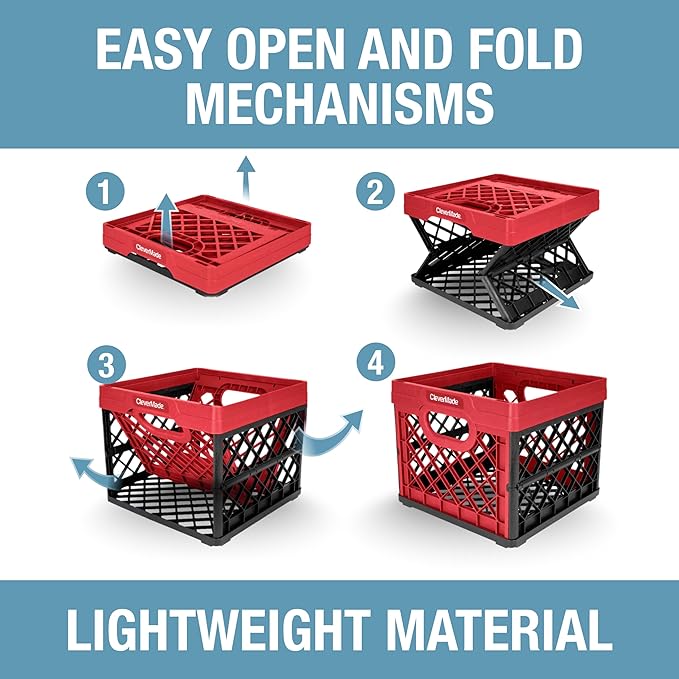 CleverMade Collapsible Milk Crate, Red, 1PK - 25L (6 Gal) Stackable Storage Bins, Holds 50lbs Per Bin - Clevercrates are Heavy Duty, Plastic Collapsible Storage Crate for Multi Purposes