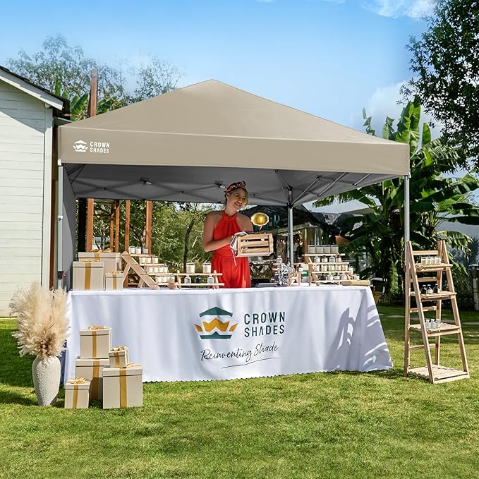 CROWN SHADES 8x8 Pop Up Canopy with 1 Side Wall - Beach Tent with One Push Setup - Outdoor Sun Shade for Events, Parties, Camping - Gazebo with STO-N-Go Cover Bag (Beige)